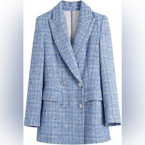 Zara weaved double breast fitted blazer with silver buttons baby blue